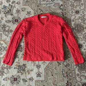 Women's Red Cable-Knit V-Neck Sweater — Classic Knit Pullover